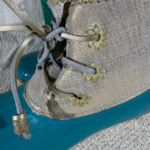 Jack Rogers Chloe Duck Boots 9M Caribbean Blue/Gold NIB Rare 2017 - Picture 6 of 7